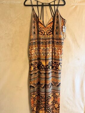 Angie Wide-Leg Jumpsuit in Rust, Black & Gold Paisley